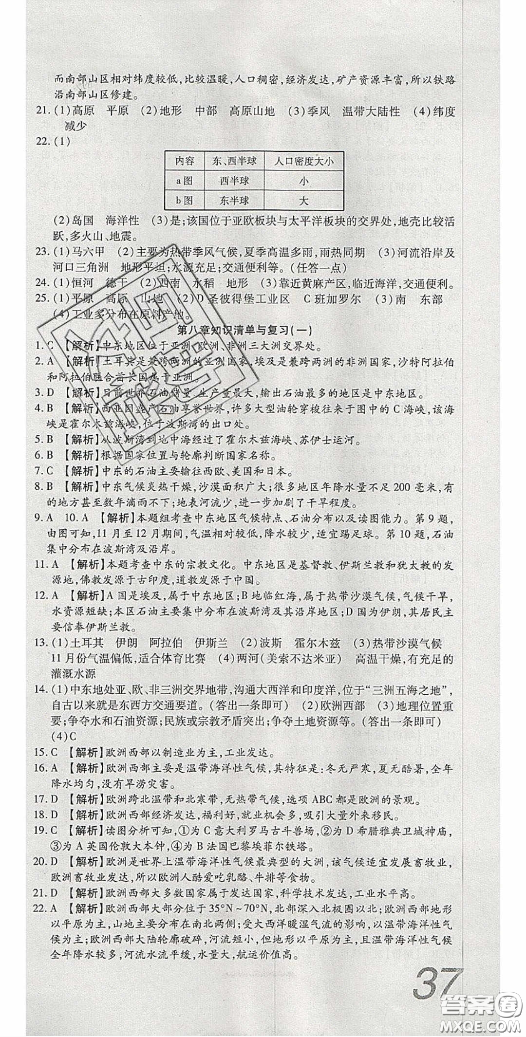 2020年高分裝備復習與測試七年級地理下冊人教版答案