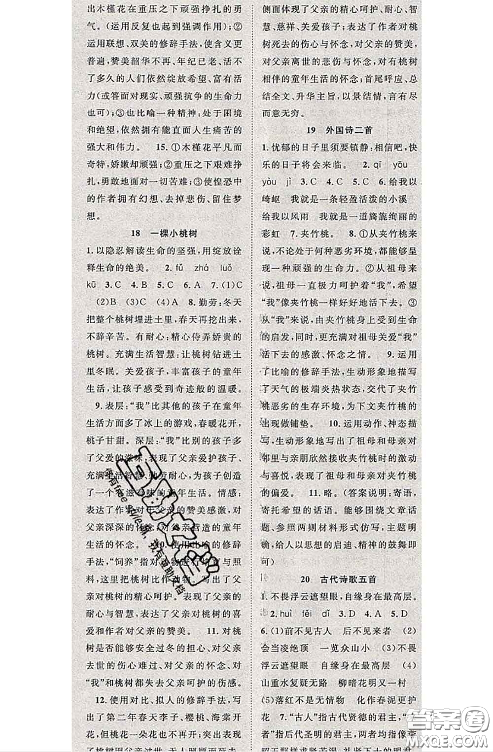 2020春優(yōu)質(zhì)課堂導(dǎo)學(xué)案七年級語文下冊人教版答案