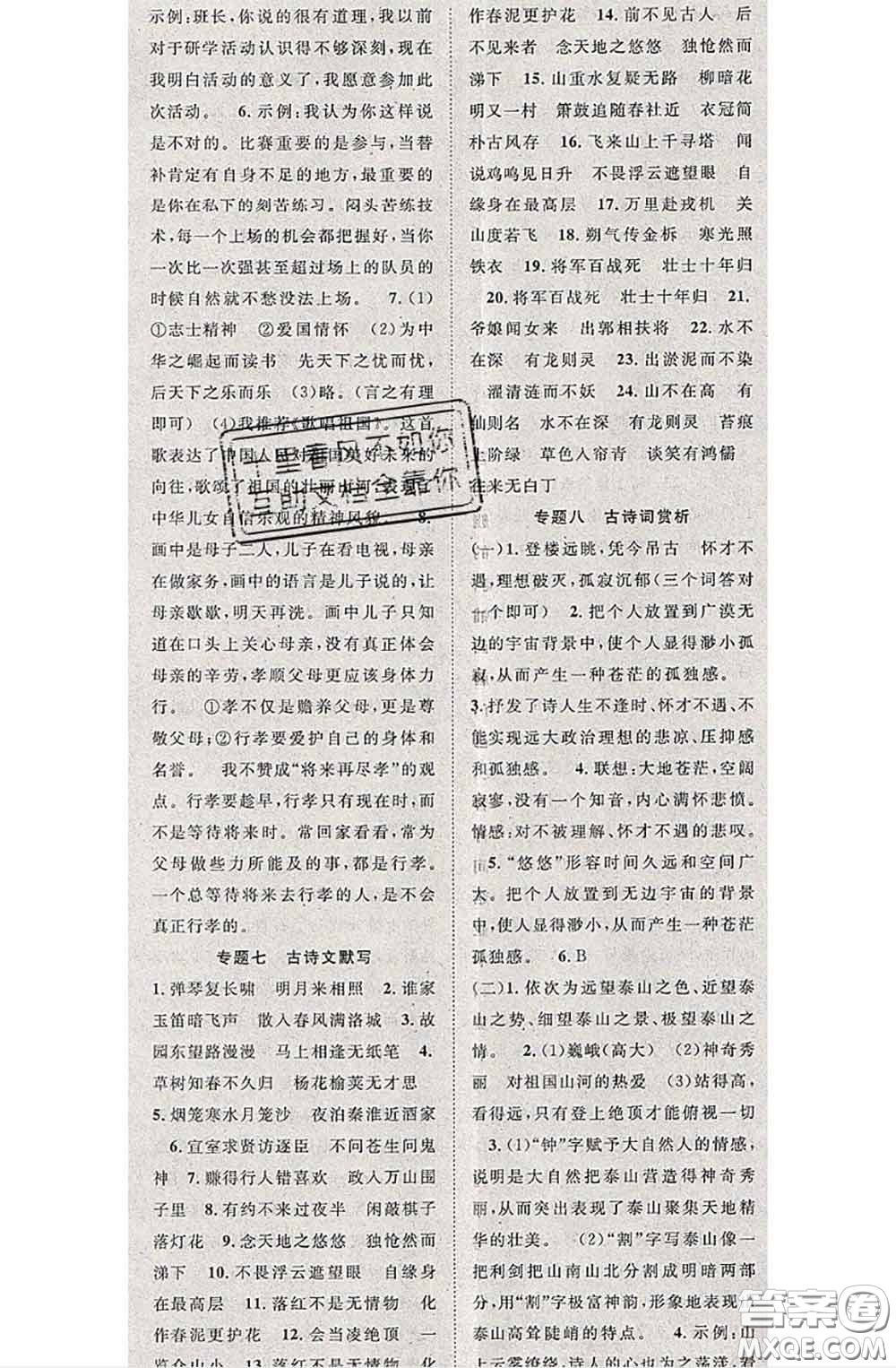 2020春優(yōu)質(zhì)課堂導(dǎo)學(xué)案七年級語文下冊人教版答案