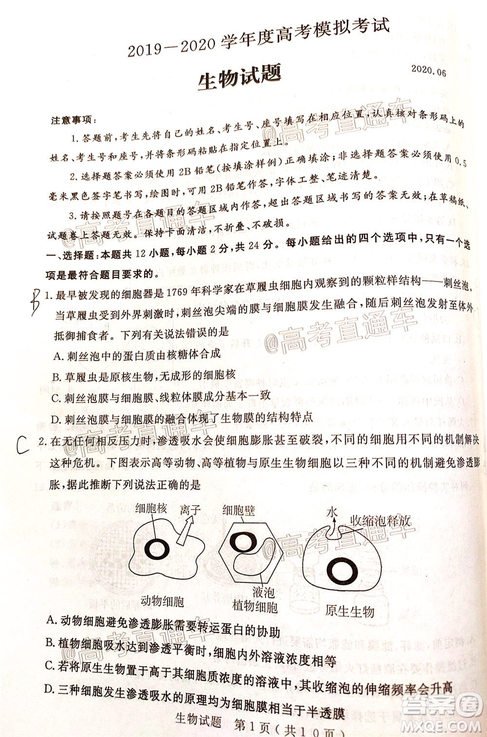 濟寧二模2019-2020學(xué)年度高考模擬考試生物試題及答案