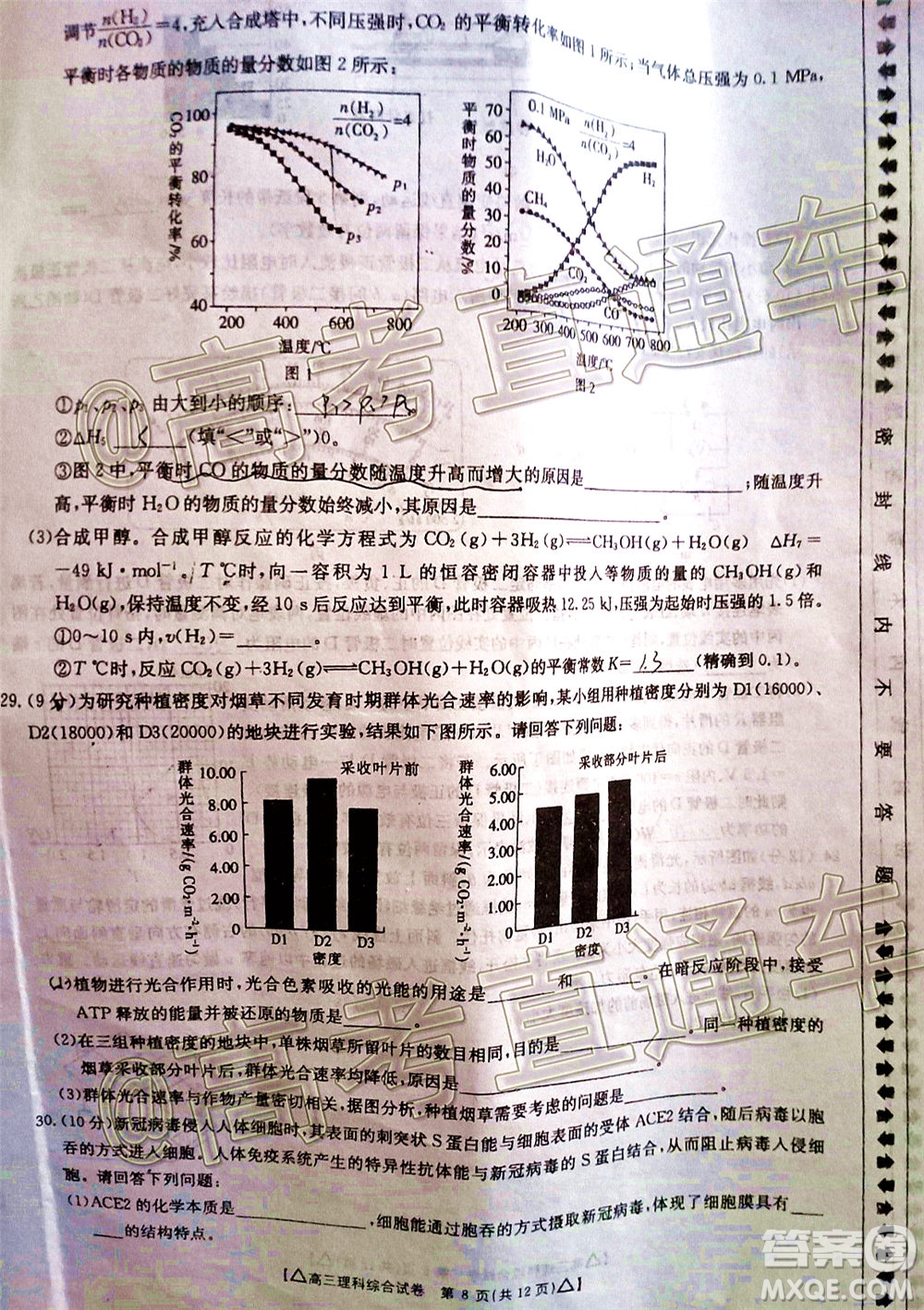 2020年金太陽百萬聯(lián)考全國II卷三角形高三理科綜合試題及答案