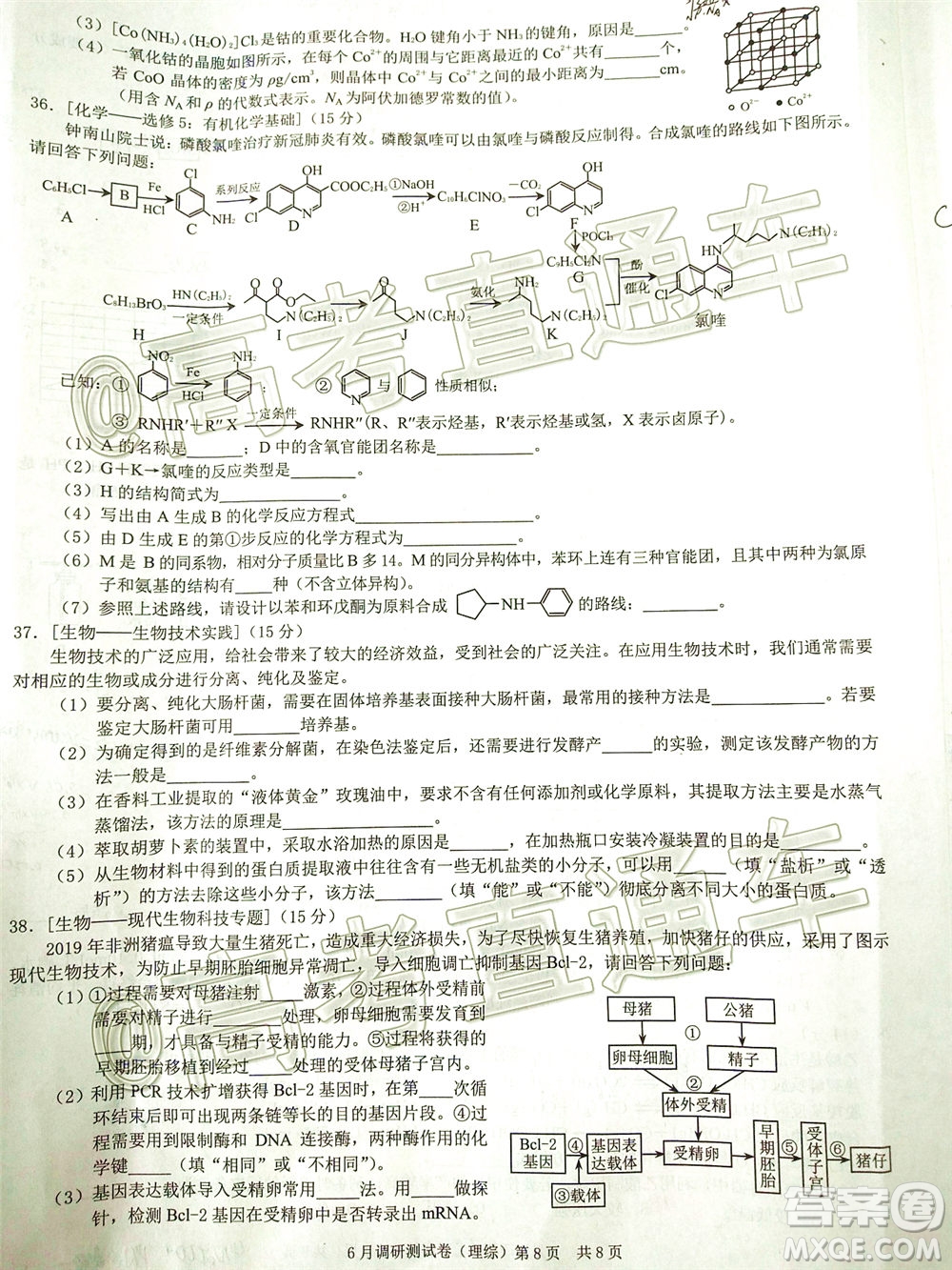 重慶三診2020年重慶6月調(diào)研測(cè)試卷理科綜合試題及答案