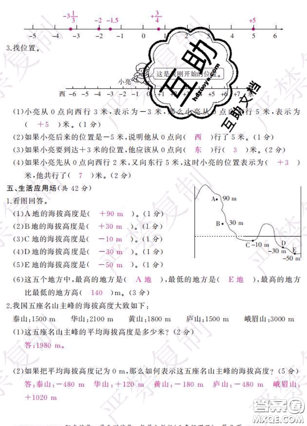 2020春陽光試卷單元測試卷六年級數(shù)學下冊人教版答案