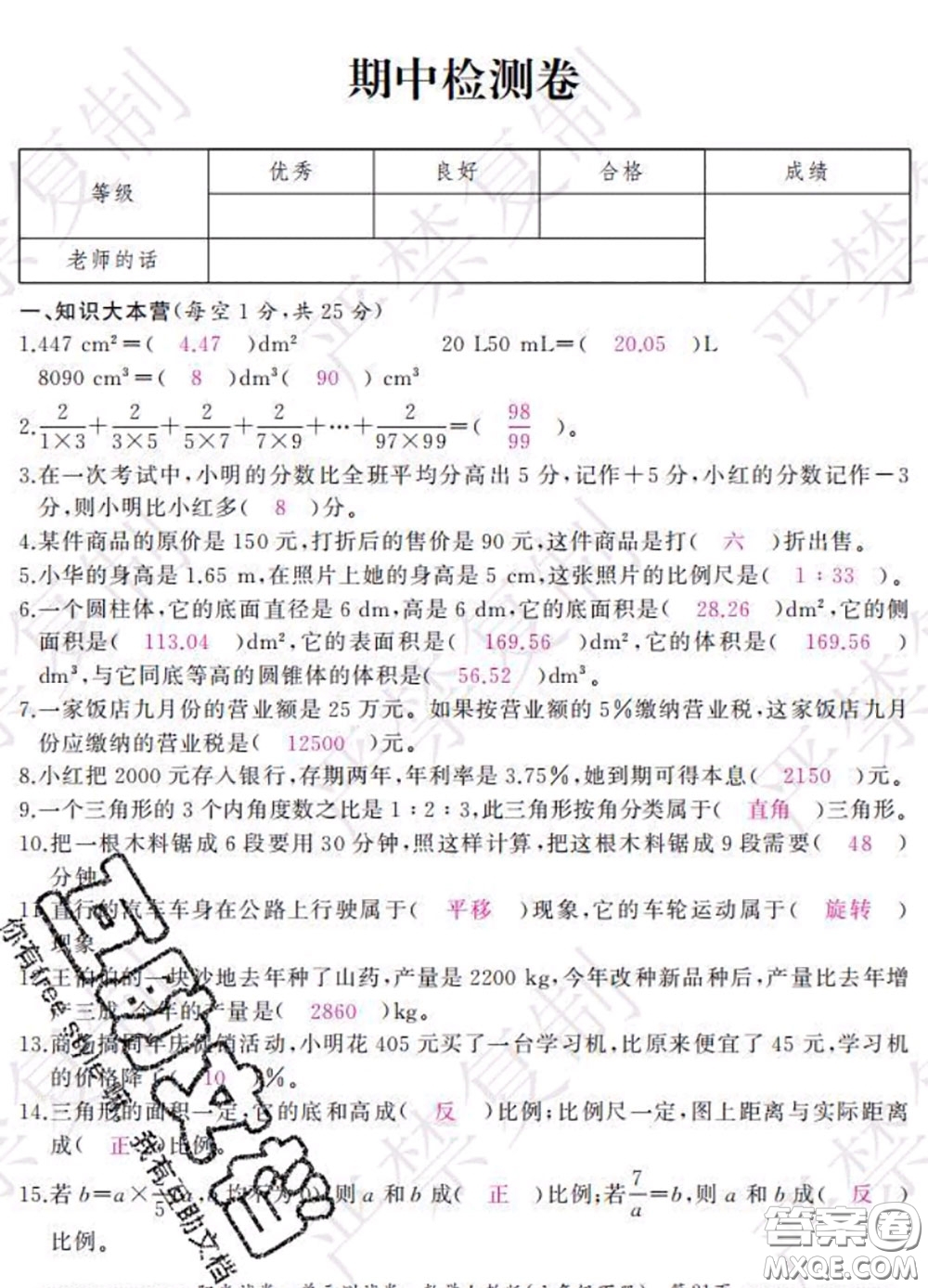 2020春陽光試卷單元測試卷六年級數(shù)學下冊人教版答案