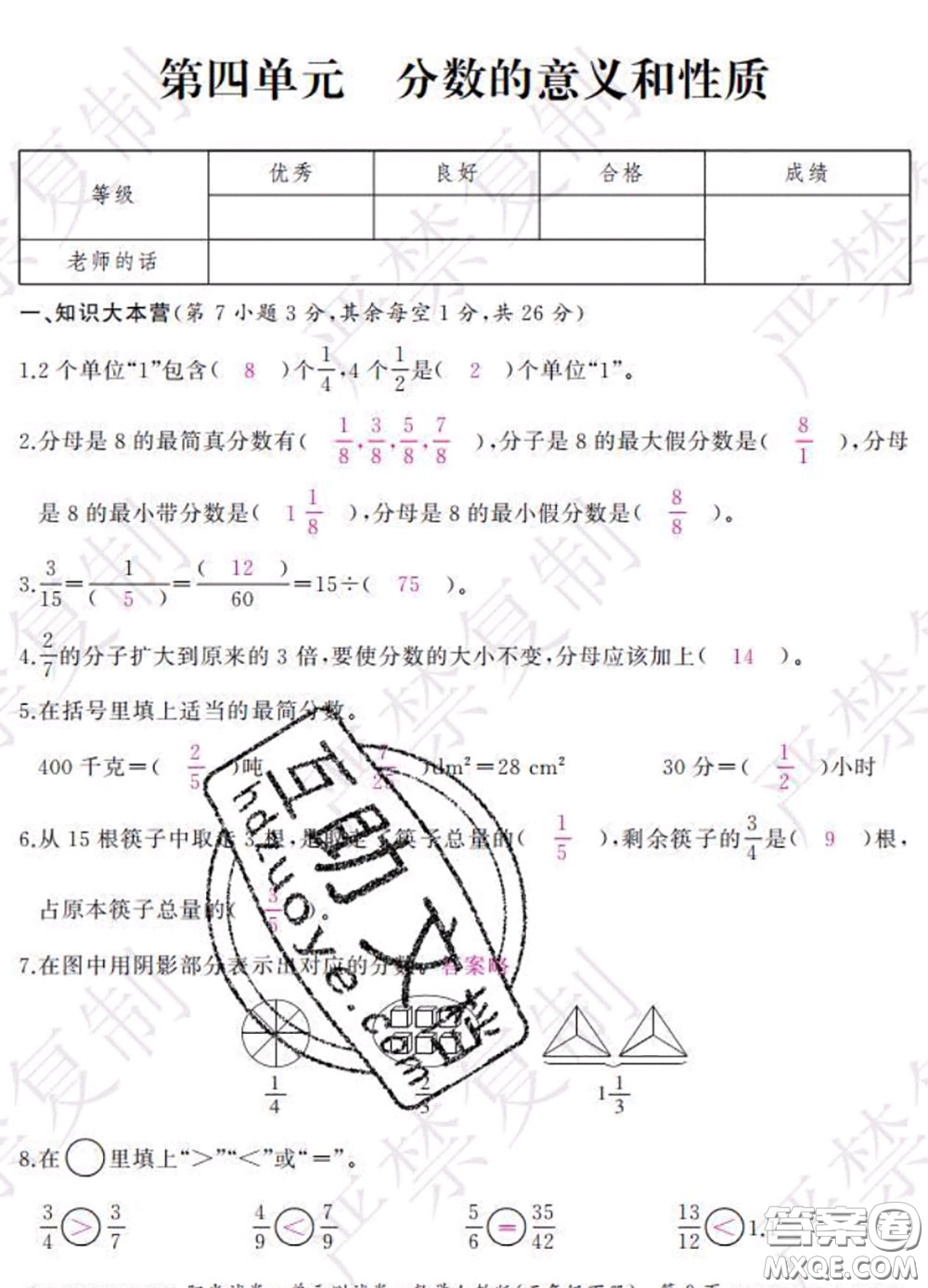 2020春陽(yáng)光試卷單元測(cè)試卷五年級(jí)數(shù)學(xué)下冊(cè)人教版答案