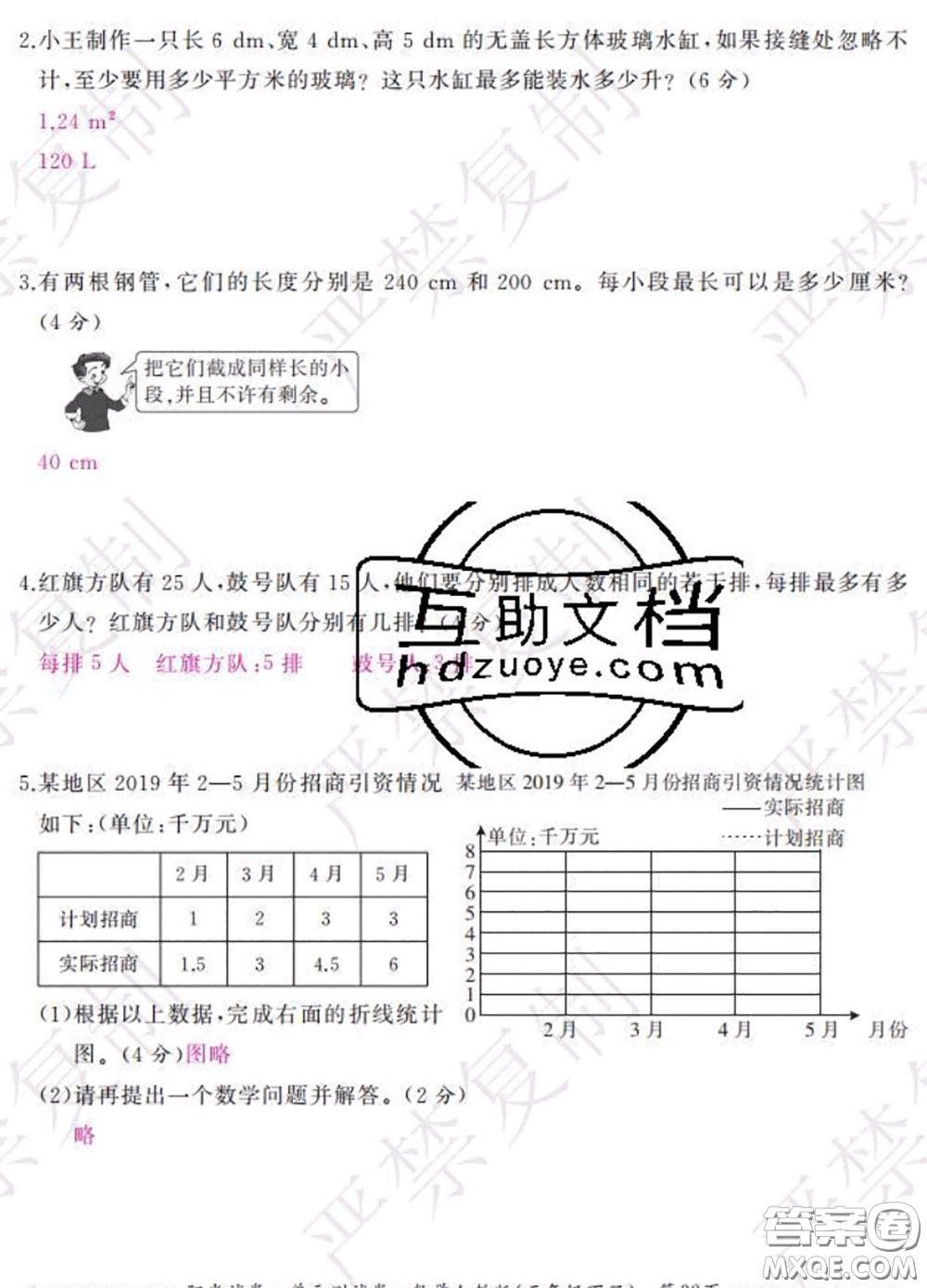 2020春陽(yáng)光試卷單元測(cè)試卷五年級(jí)數(shù)學(xué)下冊(cè)人教版答案