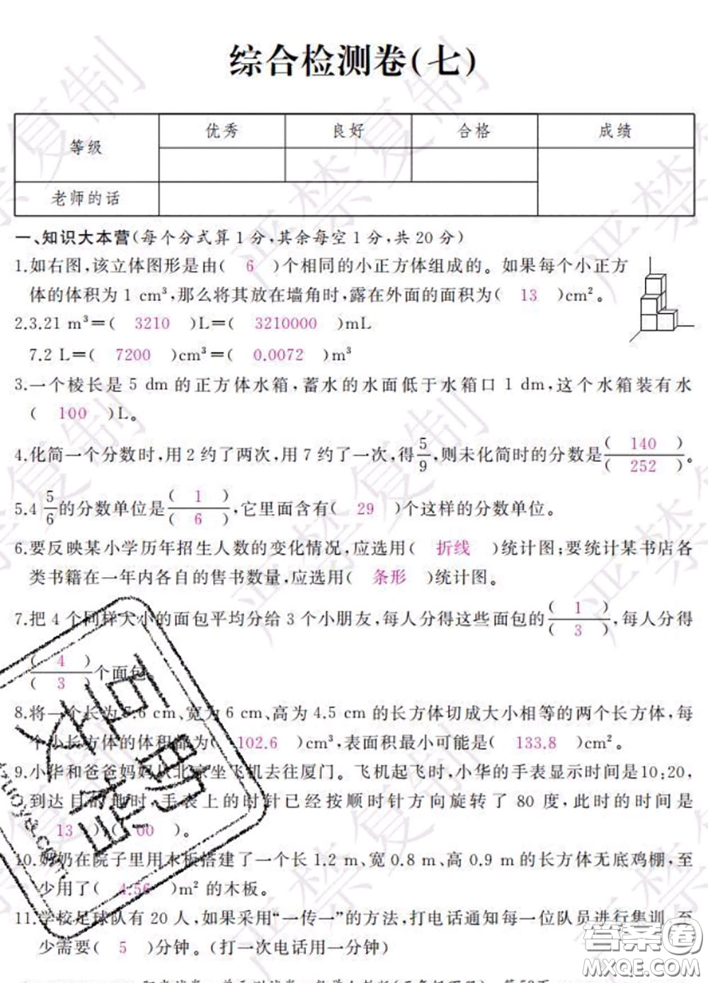 2020春陽(yáng)光試卷單元測(cè)試卷五年級(jí)數(shù)學(xué)下冊(cè)人教版答案