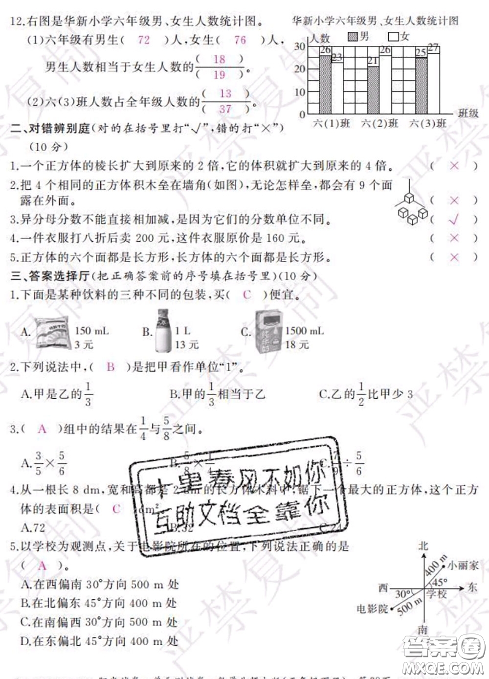 2020春陽光試卷單元測試卷五年級數學下冊北師版答案