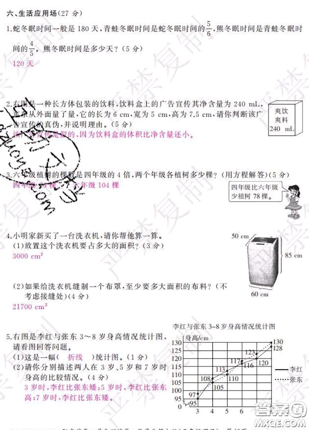 2020春陽光試卷單元測試卷五年級數學下冊北師版答案