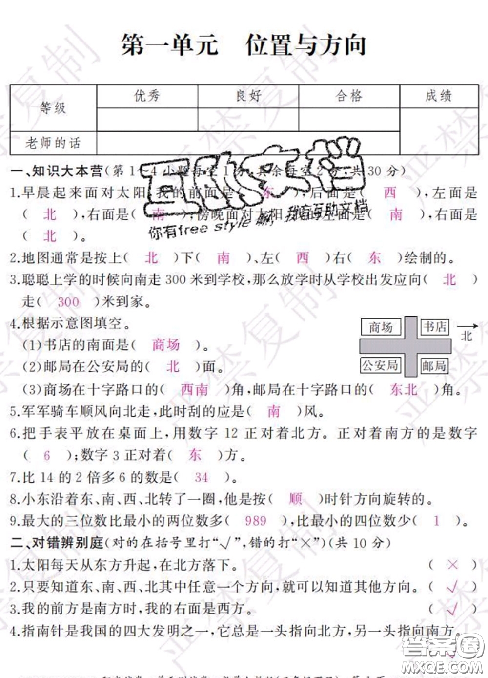 2020春陽光試卷單元測試卷三年級數(shù)學(xué)下冊人教版答案