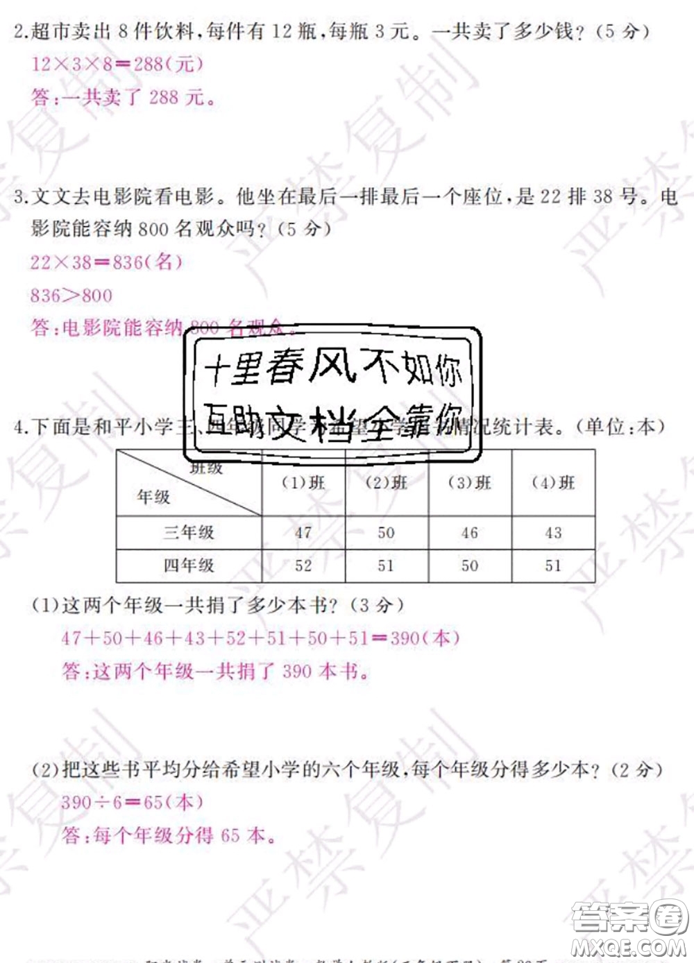 2020春陽光試卷單元測試卷三年級數(shù)學(xué)下冊人教版答案