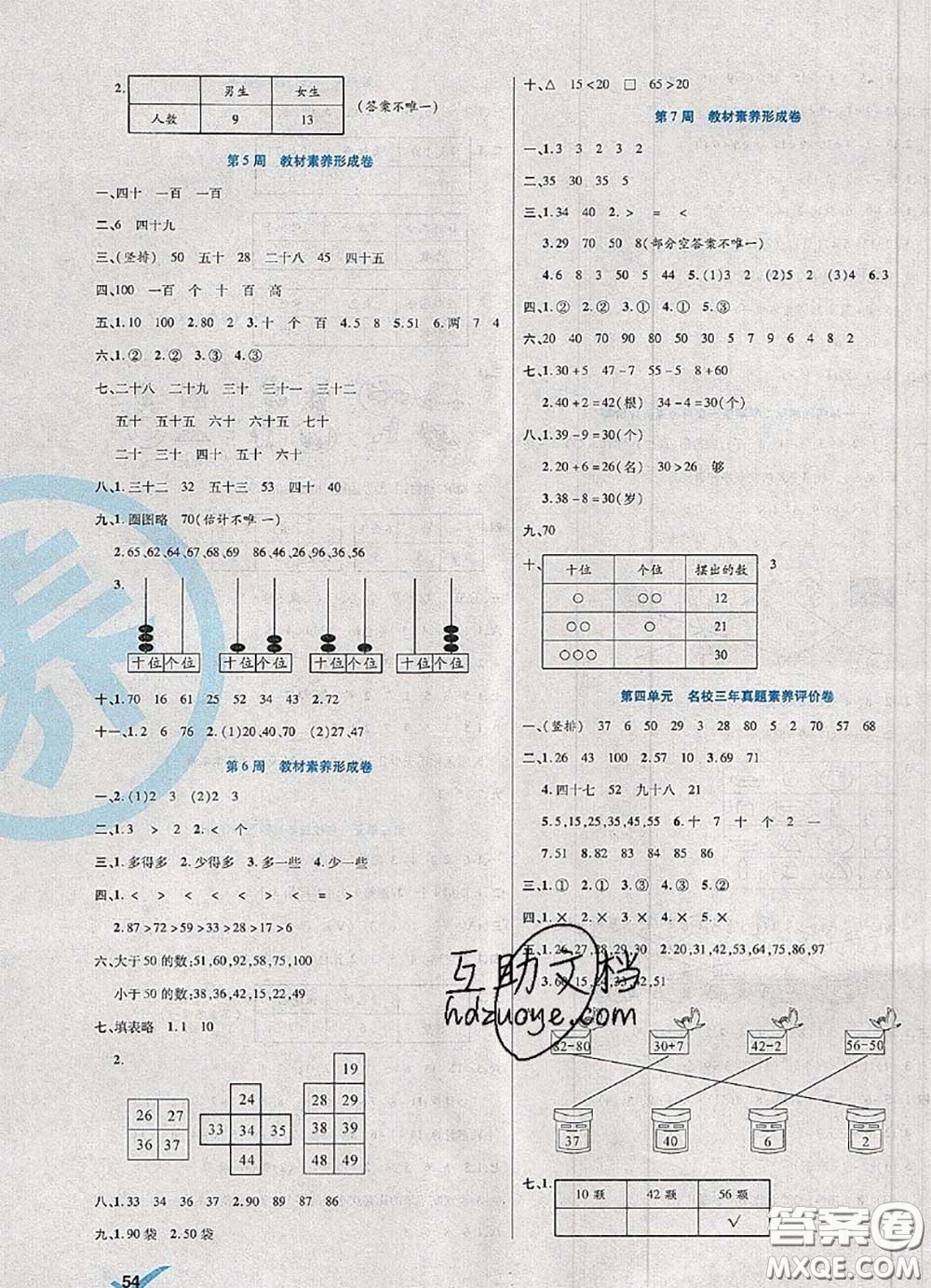 2020新版做對題核心素養(yǎng)卷一年級數(shù)學下冊人教版答案