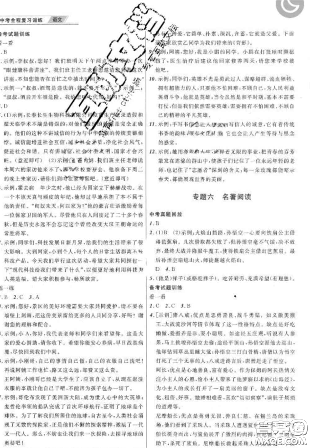 2020年中考全程復(fù)習(xí)訓(xùn)練初中語(yǔ)文全冊(cè)通用版答案