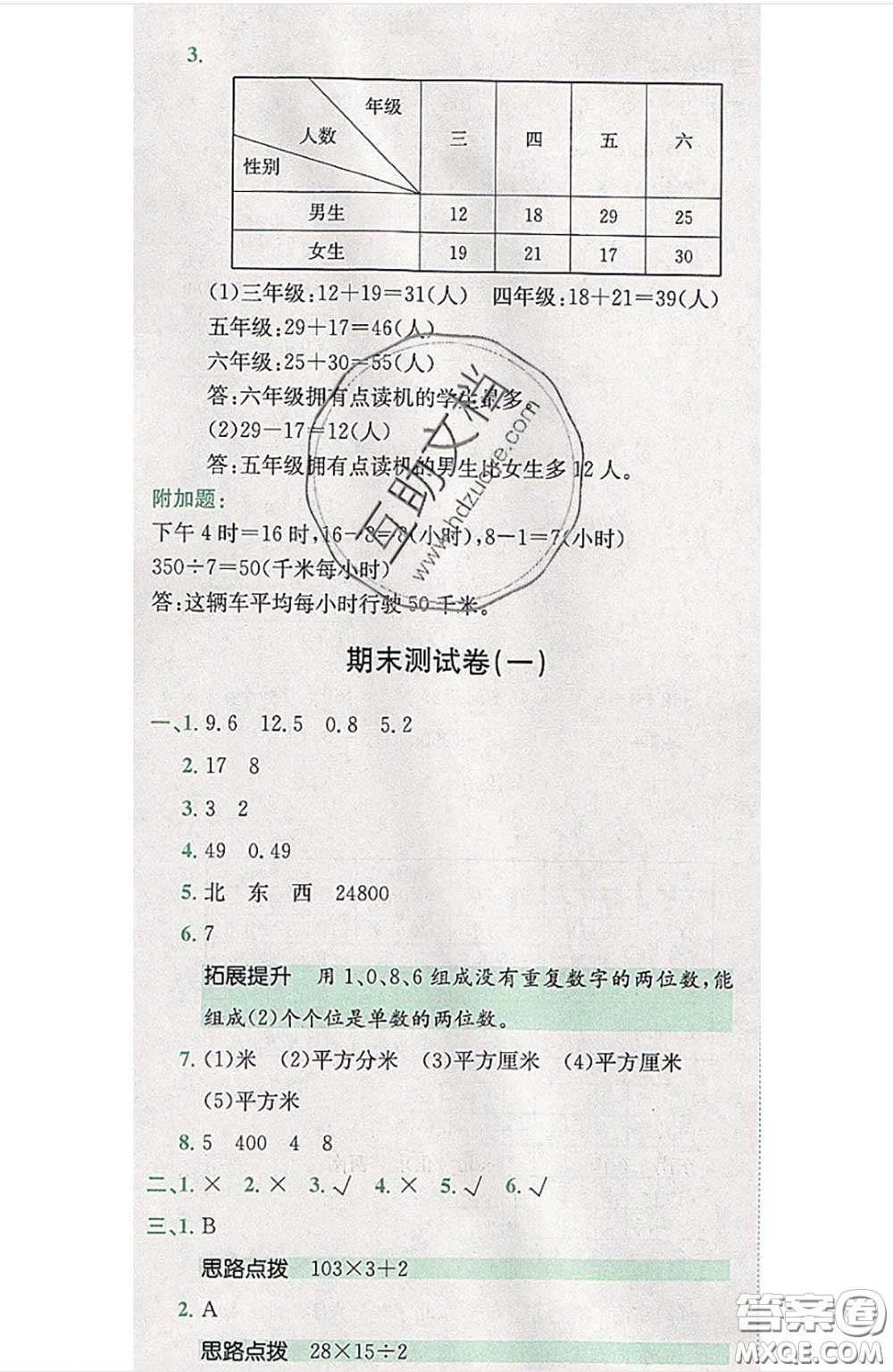 江西高校出版社2020春小卷霸三年級數(shù)學(xué)下冊人教版答案