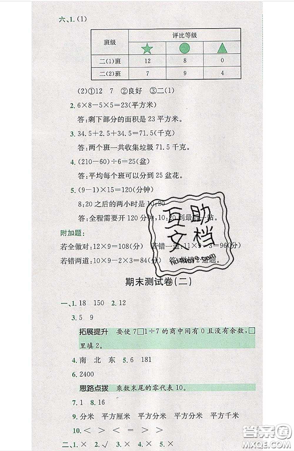 江西高校出版社2020春小卷霸三年級數(shù)學(xué)下冊人教版答案