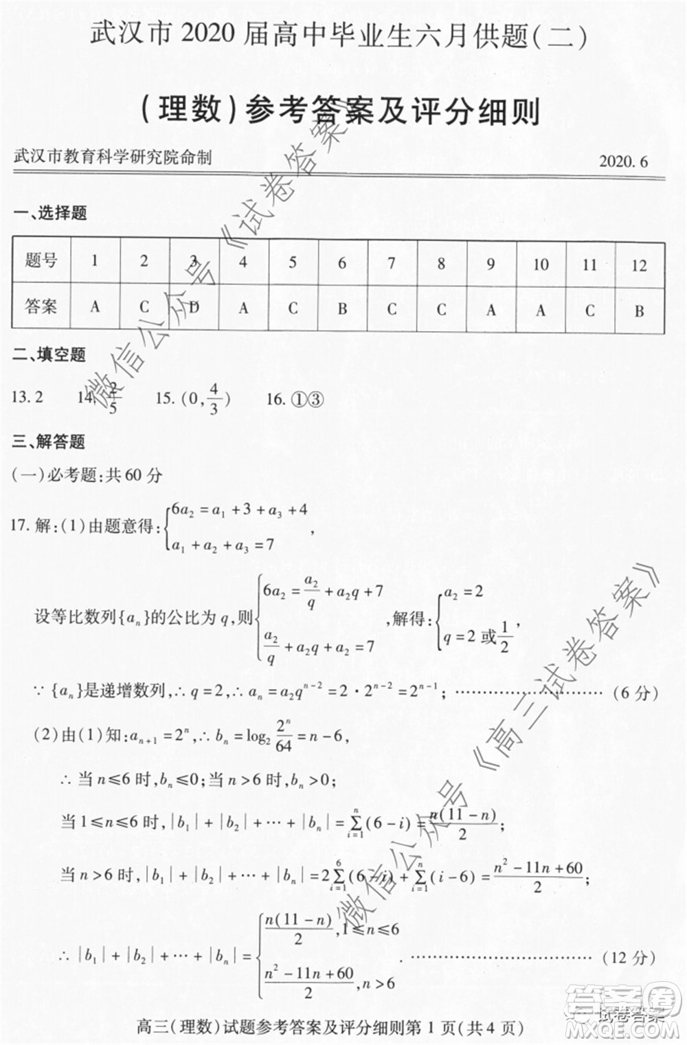 武漢市2020屆高中畢業(yè)生六月供題二理科數(shù)學(xué)試題及答案