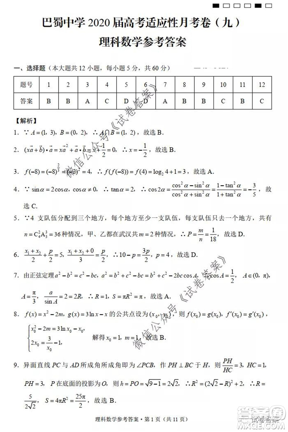 巴蜀中學(xué)2020屆高考適應(yīng)性月考卷九理科數(shù)學(xué)試題及答案