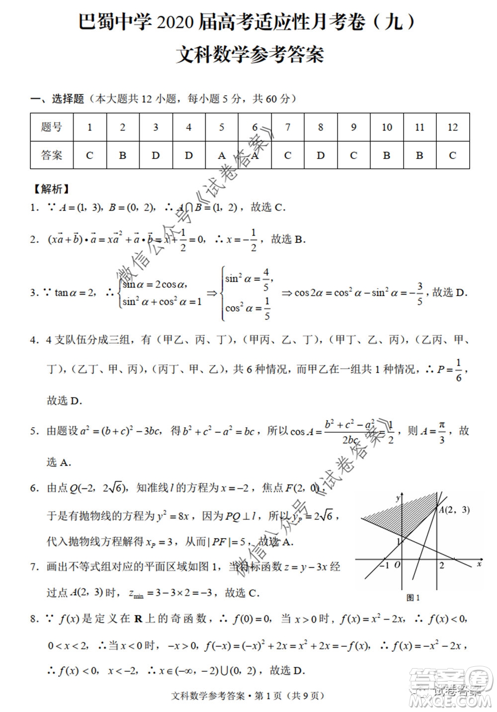 巴蜀中學2020屆高考適應(yīng)性月考卷九文科數(shù)學試題及答案