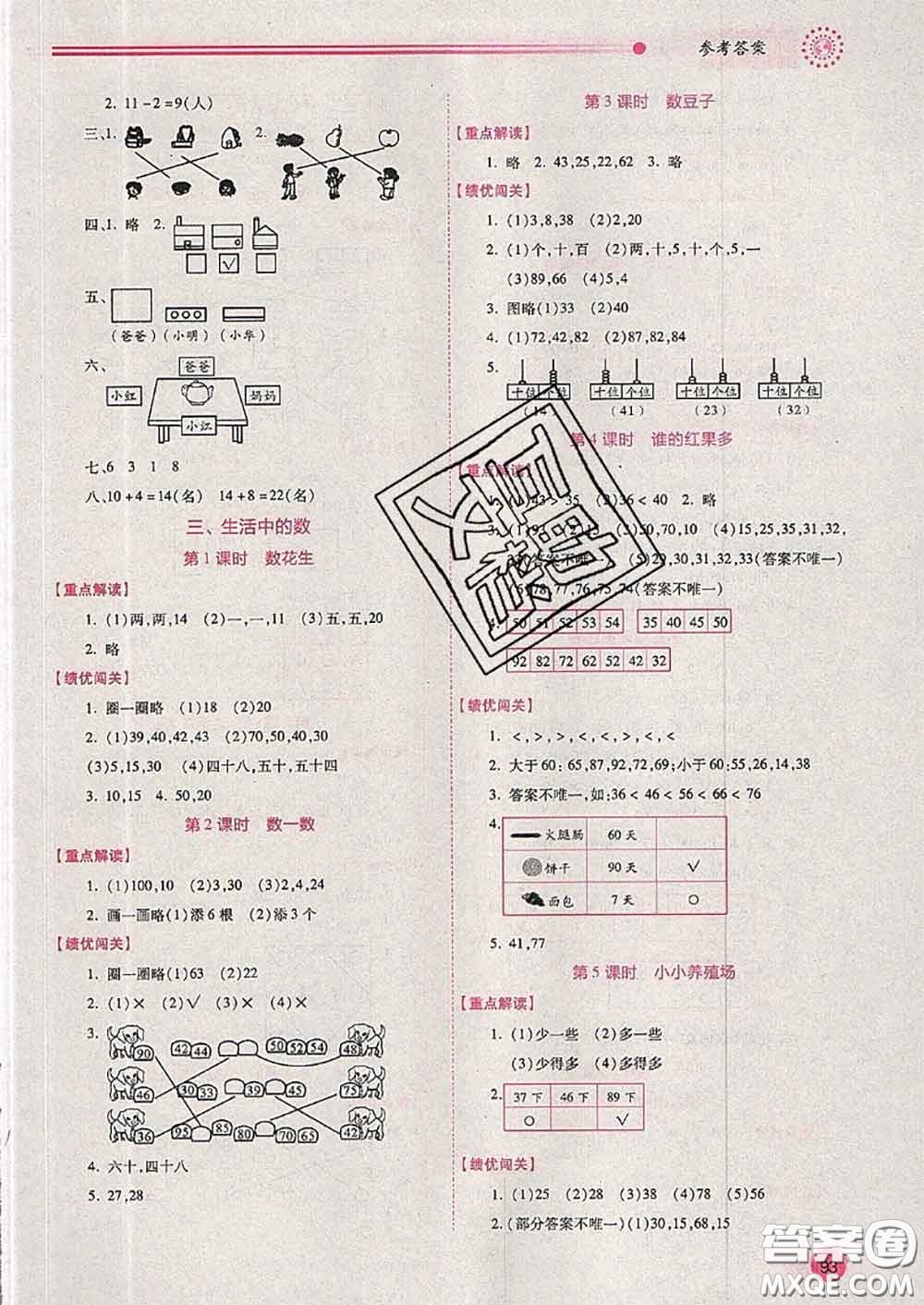 陜西師范大學出版社2020春績優(yōu)學案一年級數(shù)學下冊人教版答案