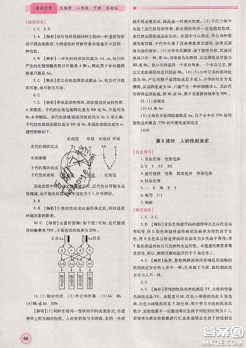 陜西師范大學(xué)出版社2020春績(jī)優(yōu)學(xué)案八年級(jí)生物下冊(cè)蘇教版答案