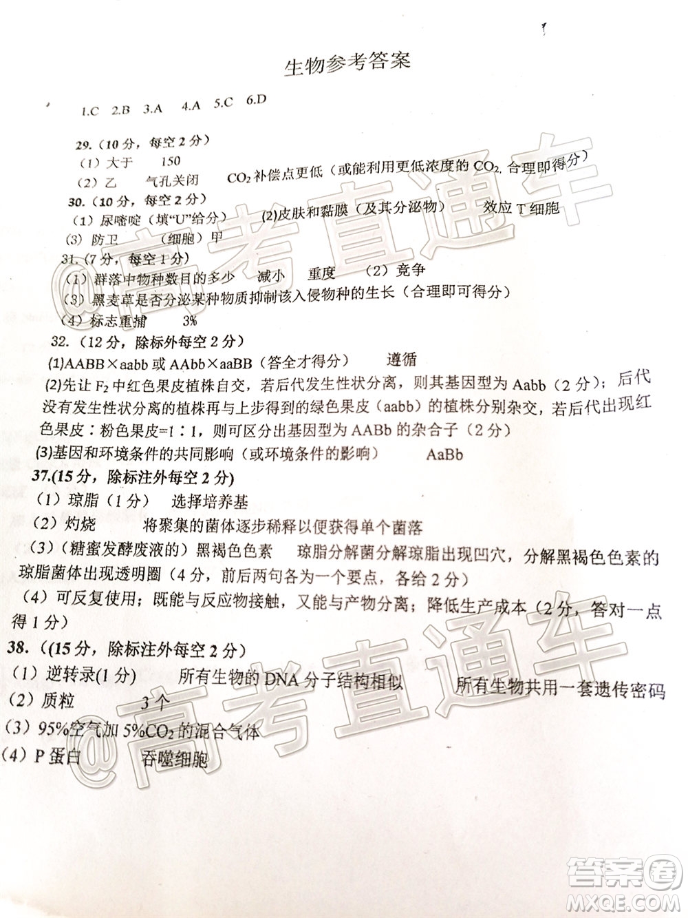 石家莊市2020屆高中畢業(yè)班綜合訓(xùn)練二理科綜合試題及答案