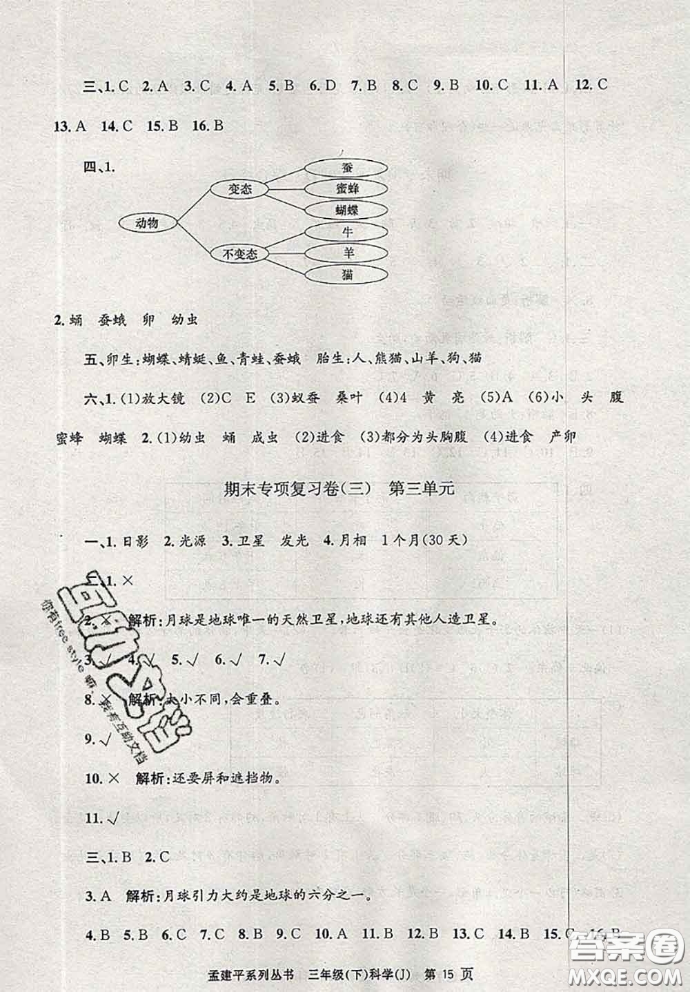 2020年孟建平各地期末試卷精選三年級(jí)科學(xué)下冊(cè)教科版答案