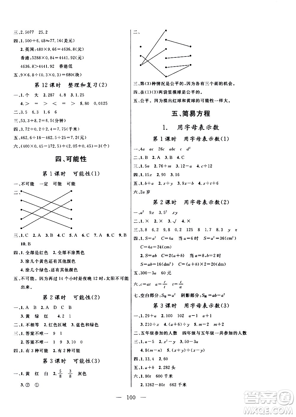 2020年?duì)钤憔氄n時優(yōu)化設(shè)計數(shù)學(xué)五年級上冊RJ人教版參考答案