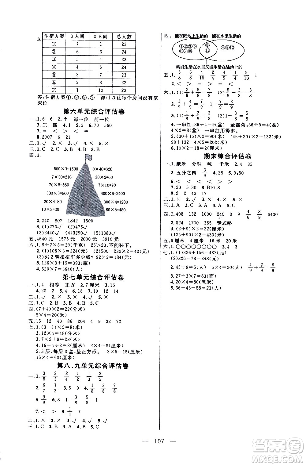 2020年狀元陪練課時優(yōu)化設計數(shù)學三年級上冊RJ人教版參考答案