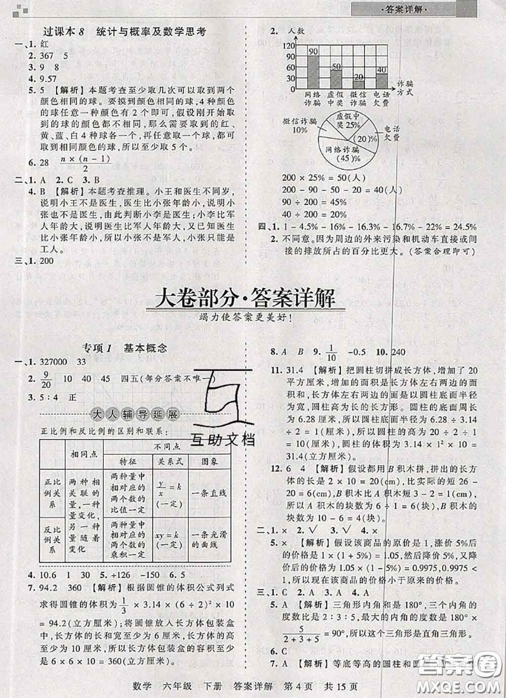 2020年王朝霞各地期末試卷精選六年級數(shù)學(xué)下冊人教版湖北專版答案