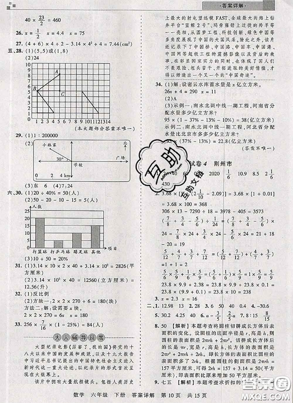 2020年王朝霞各地期末試卷精選六年級數(shù)學(xué)下冊人教版湖北專版答案