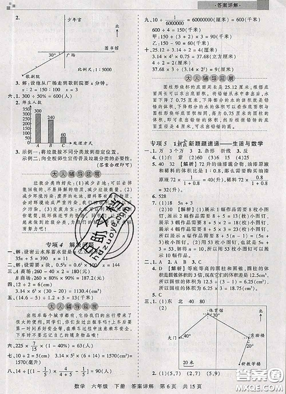 2020年王朝霞各地期末試卷精選六年級數(shù)學(xué)下冊人教版湖北專版答案