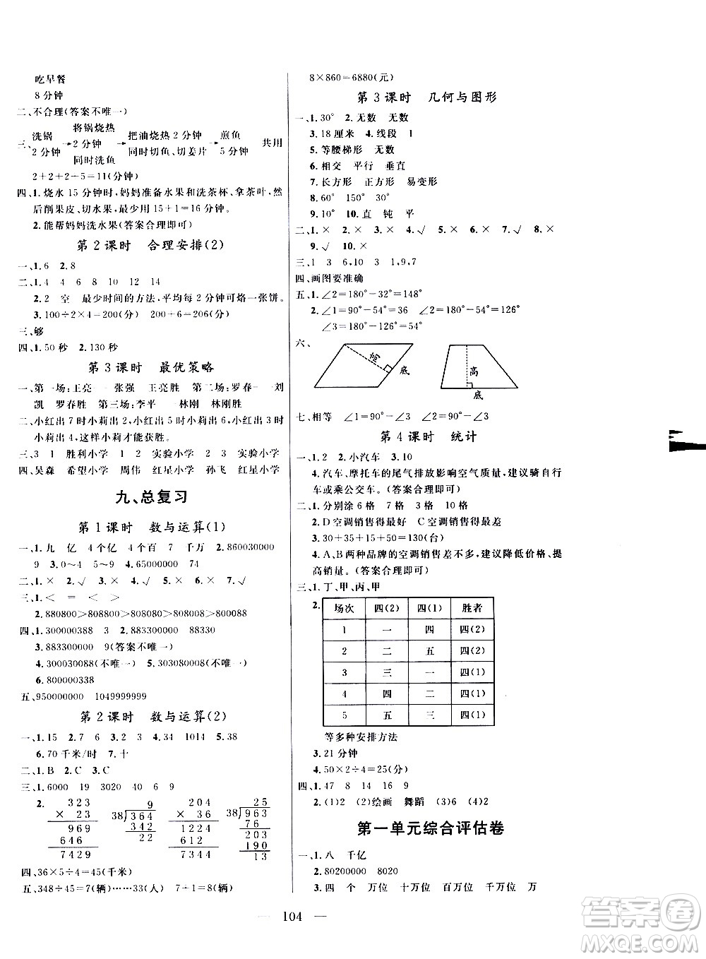 2020年?duì)钤憔氄n時(shí)優(yōu)化設(shè)計(jì)數(shù)學(xué)四年級(jí)上冊(cè)RJ人教版參考答案