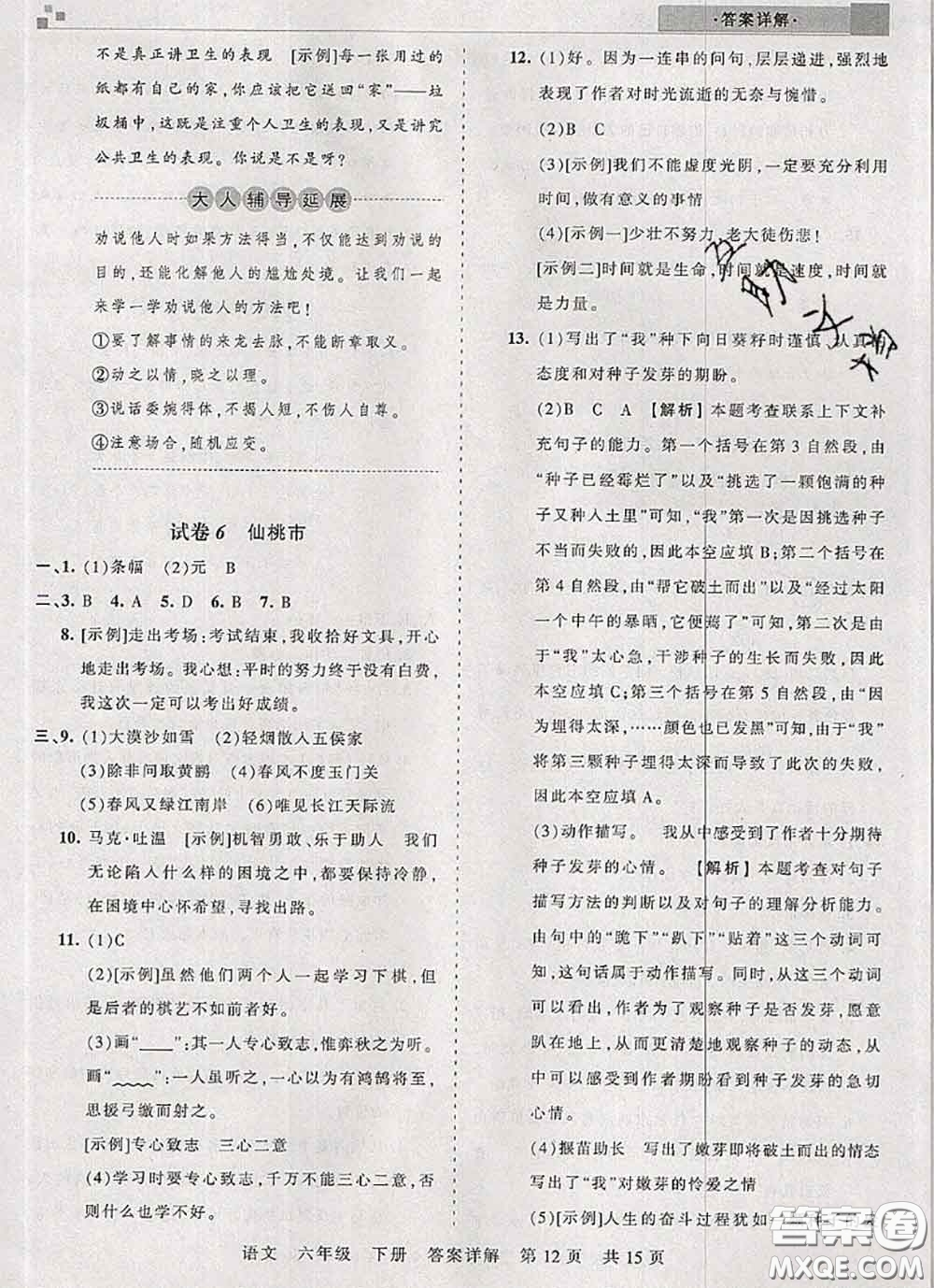 2020年王朝霞各地期末試卷精選六年級(jí)語(yǔ)文下冊(cè)人教版湖北專版答案