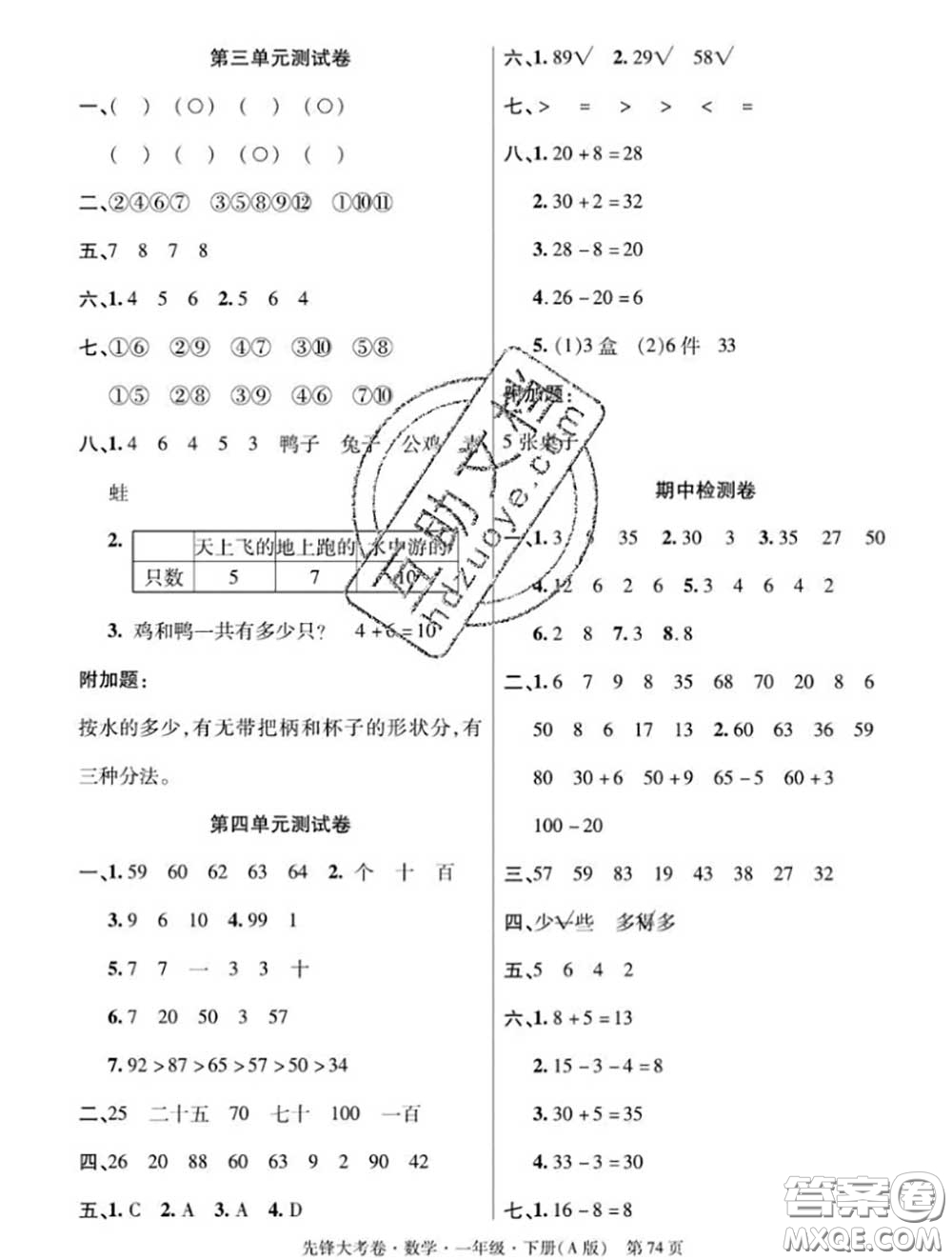 新疆文化出版社2020年先鋒大考卷一年級數(shù)學(xué)下冊人教版答案