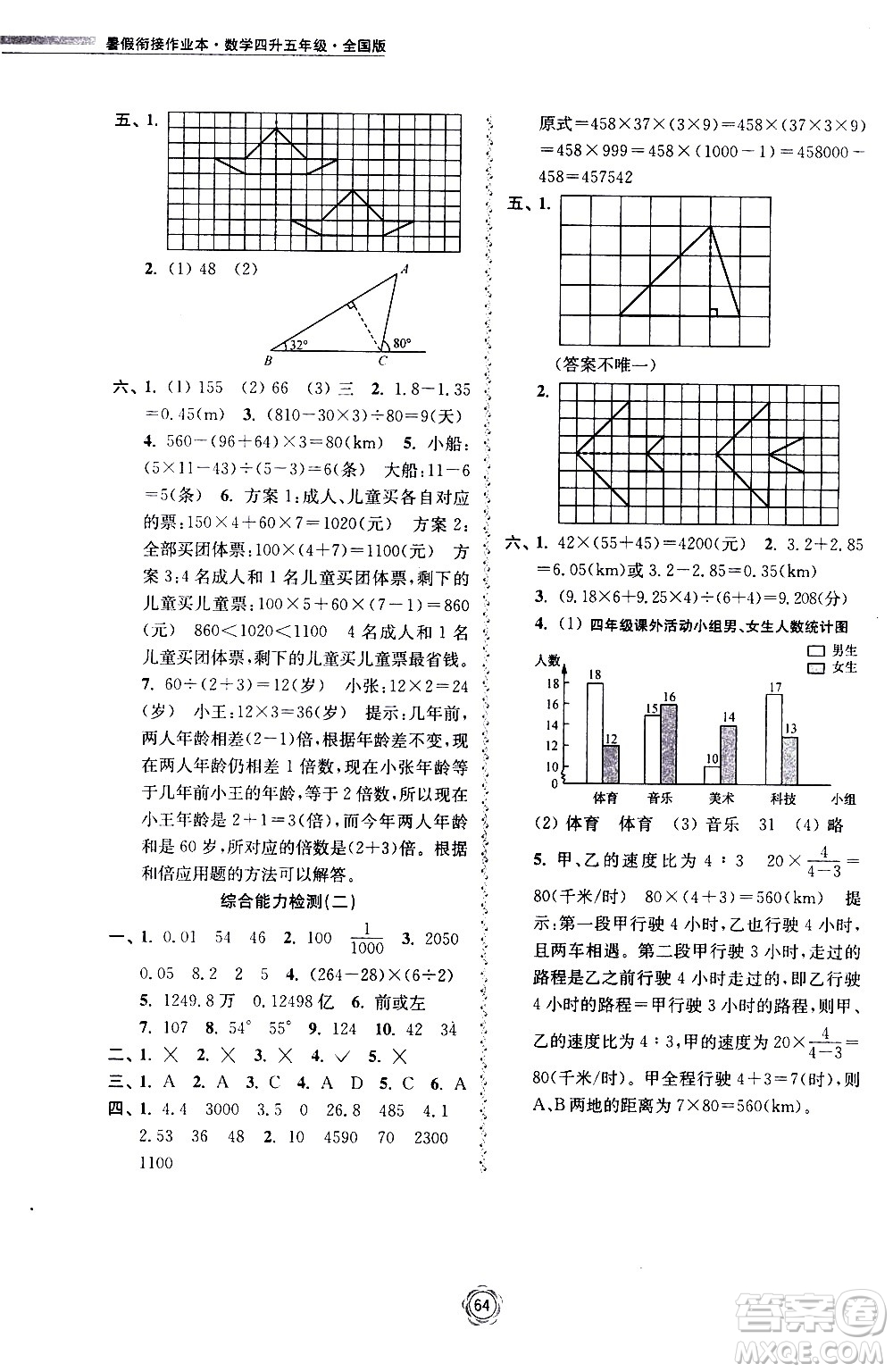 超能學(xué)典2020年暑假銜接作業(yè)本數(shù)學(xué)四升五年級(jí)全國(guó)版參考答案