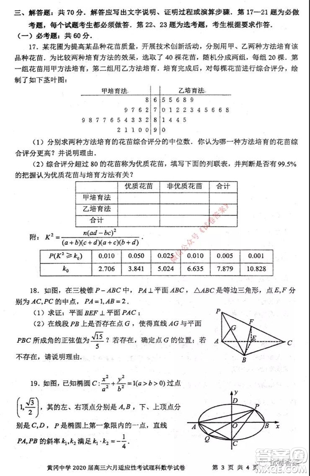 黃岡中學2020屆高三適應性考試最后一卷理科數學試題及答案