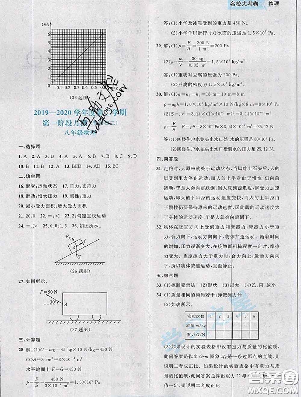 2020年名校大考卷大連市各區(qū)名校月考期中期末考試19套八年級(jí)物理下冊(cè)答案