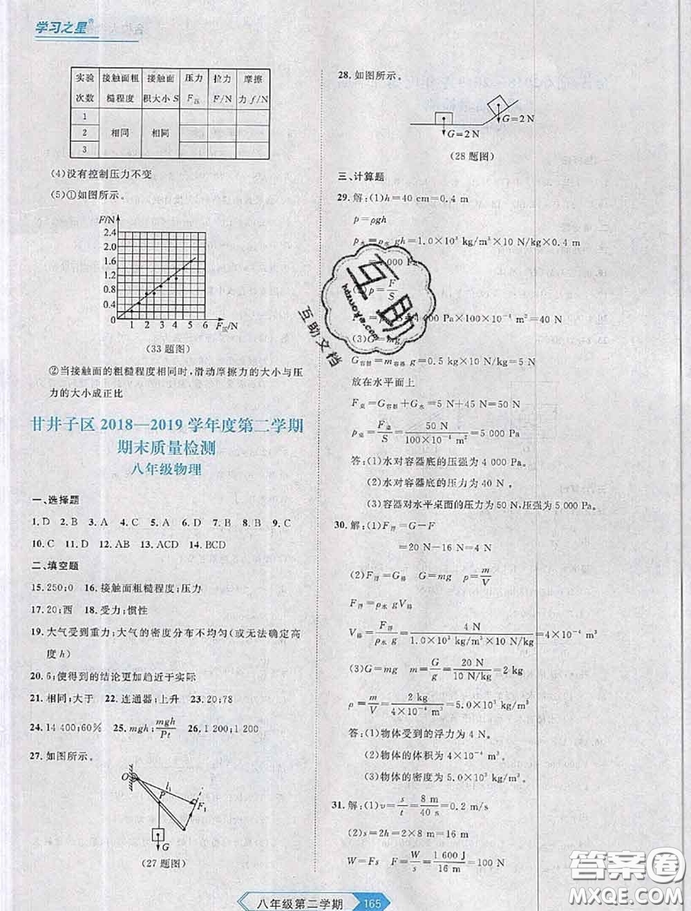 2020年名校大考卷大連市各區(qū)名校月考期中期末考試19套八年級(jí)物理下冊(cè)答案