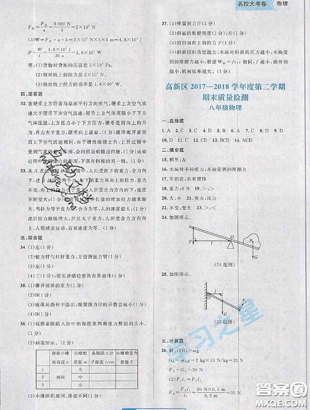 2020年名校大考卷大連市各區(qū)名校月考期中期末考試19套八年級(jí)物理下冊(cè)答案