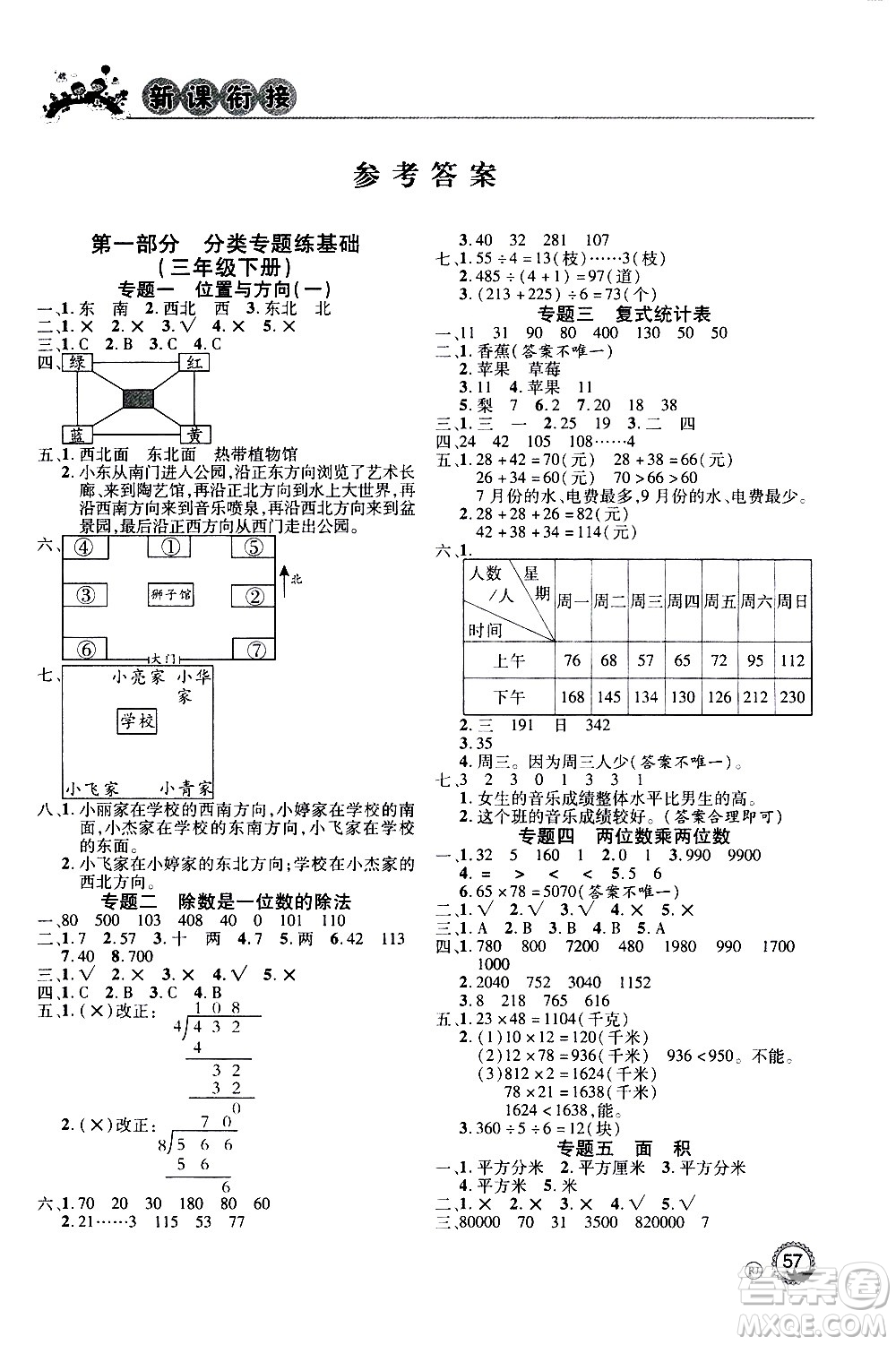 2020年步步高系列假期天天樂新課銜接數(shù)學(xué)三年級RJ人教版參考答案