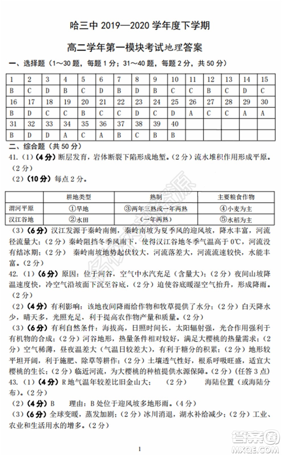 哈三中2020年高二下學期期末考試文科綜合試卷及答案