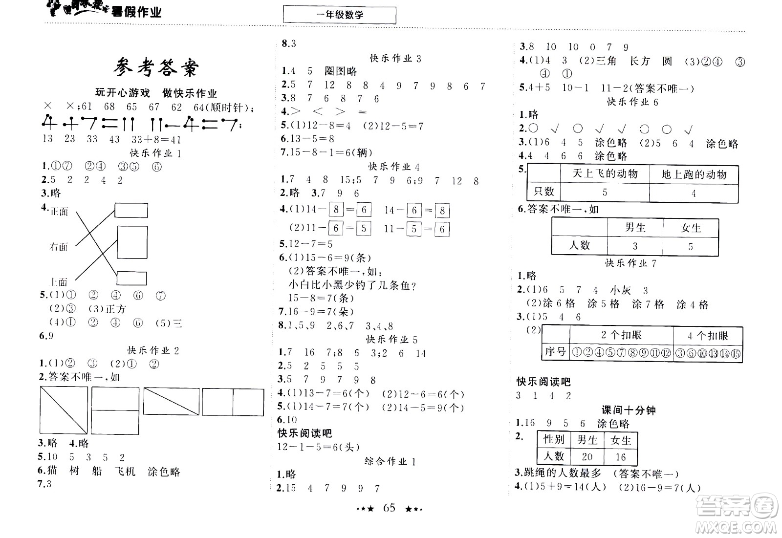 龍門書局2020年黃岡小狀元暑假作業(yè)一年級數(shù)學(xué)參考答案