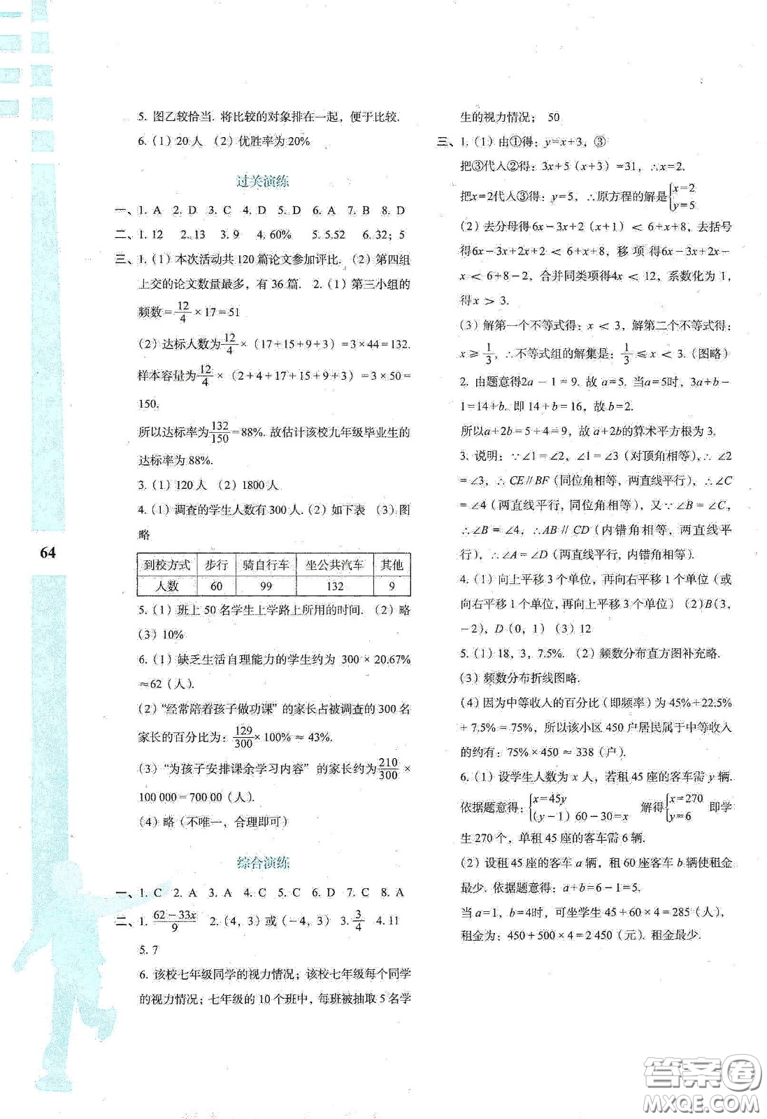 陜西人民教育出版社2020暑假作業(yè)與生活七年級數(shù)學A版答案