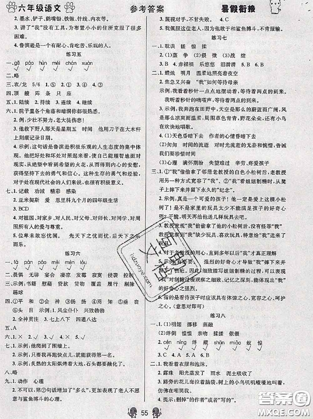 陽光出版社暢學(xué)圖書2020年暑假銜接六升七語文答案