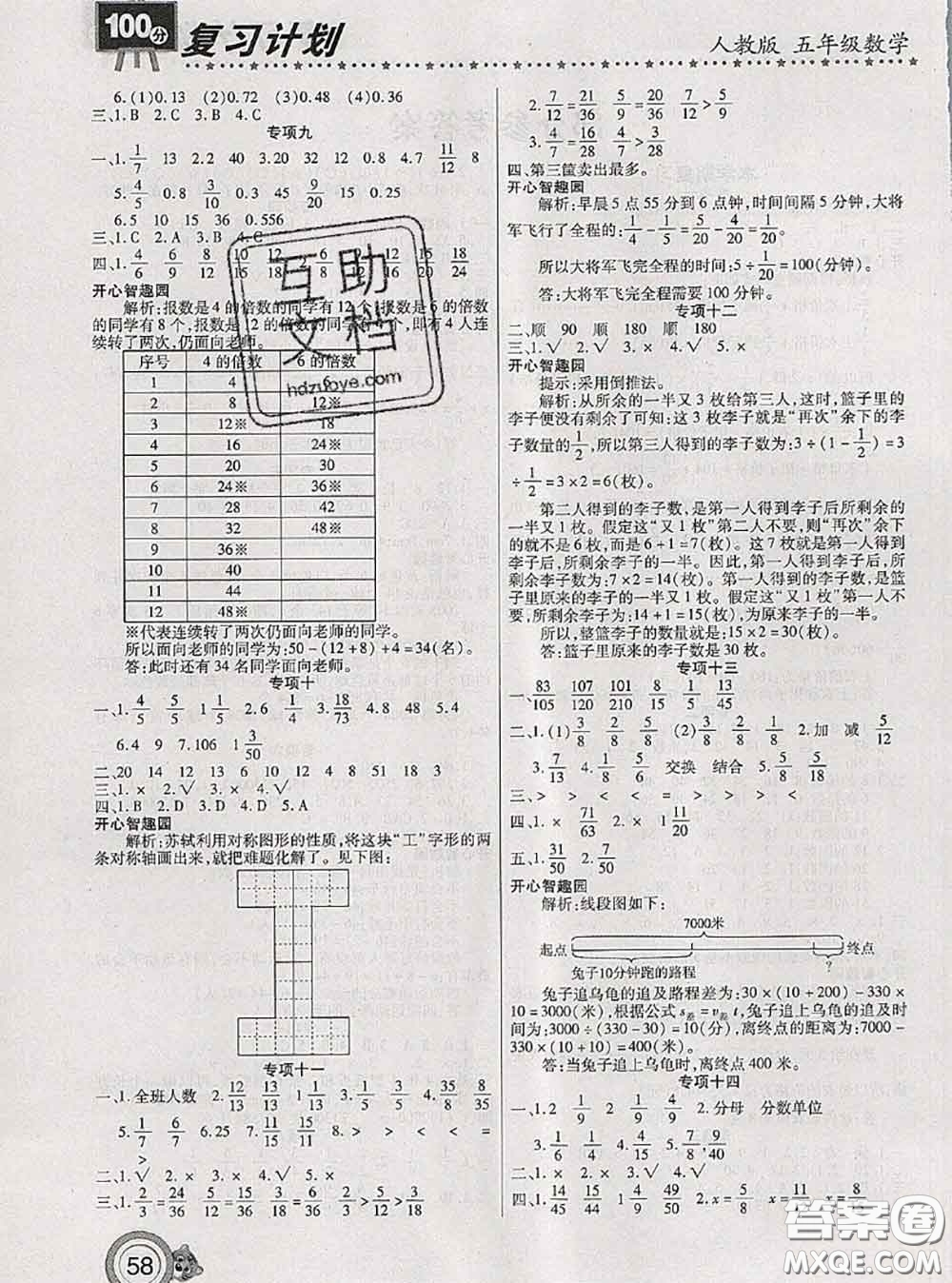 2020年復(fù)習(xí)計(jì)劃100分期末暑假銜接五年級數(shù)學(xué)人教版答案