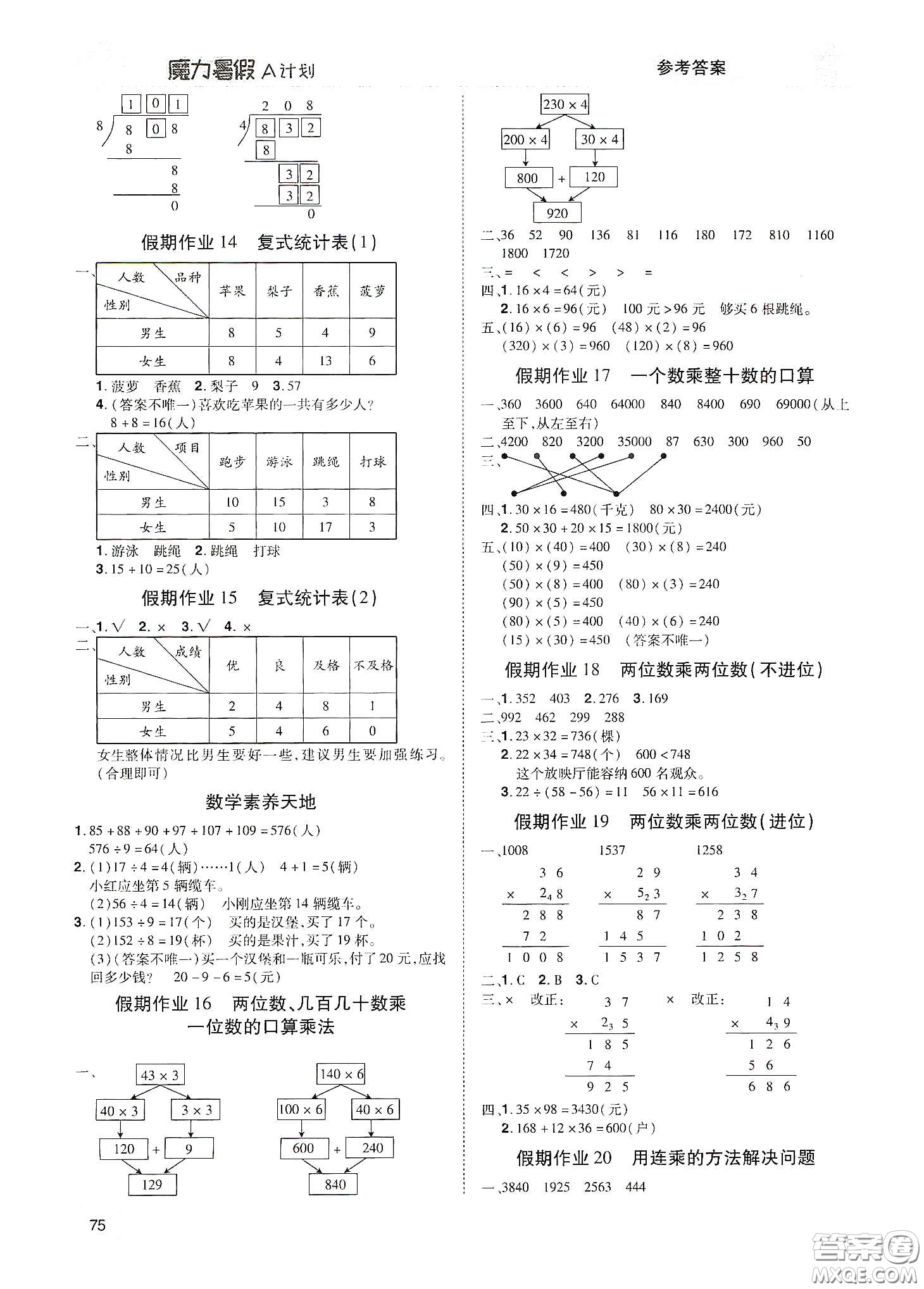 宇恒文化2020魔力暑假A計(jì)劃三年級數(shù)學(xué)人教版答案