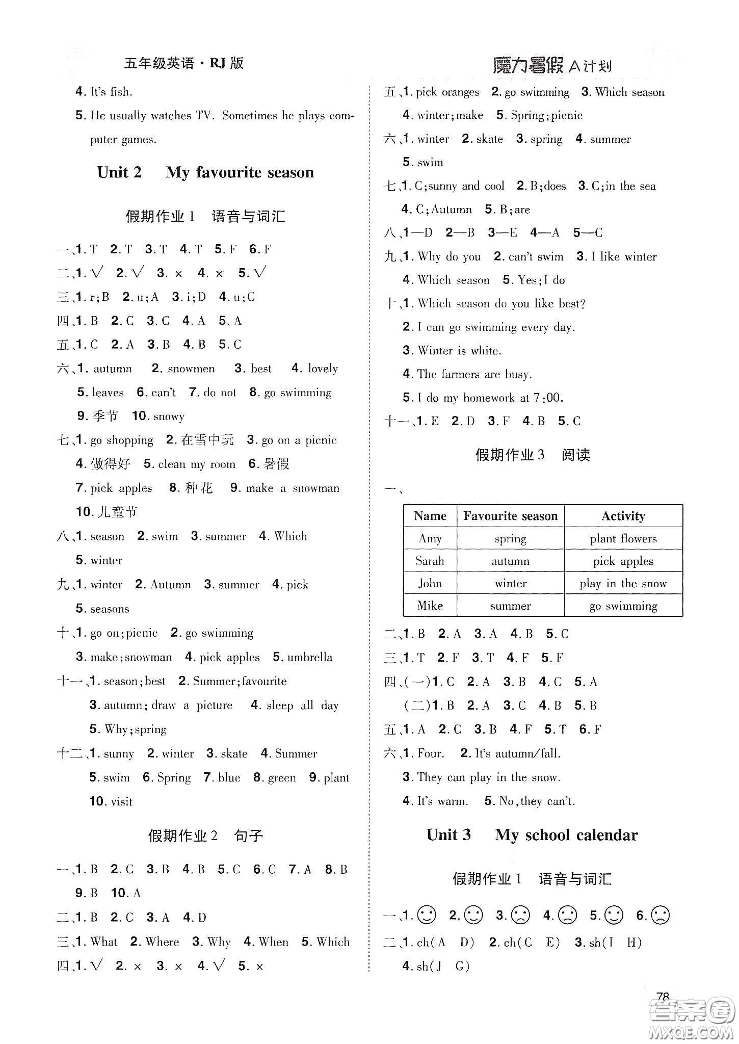 宇恒文化2020魔力暑假A計劃五年級英語人教版答案