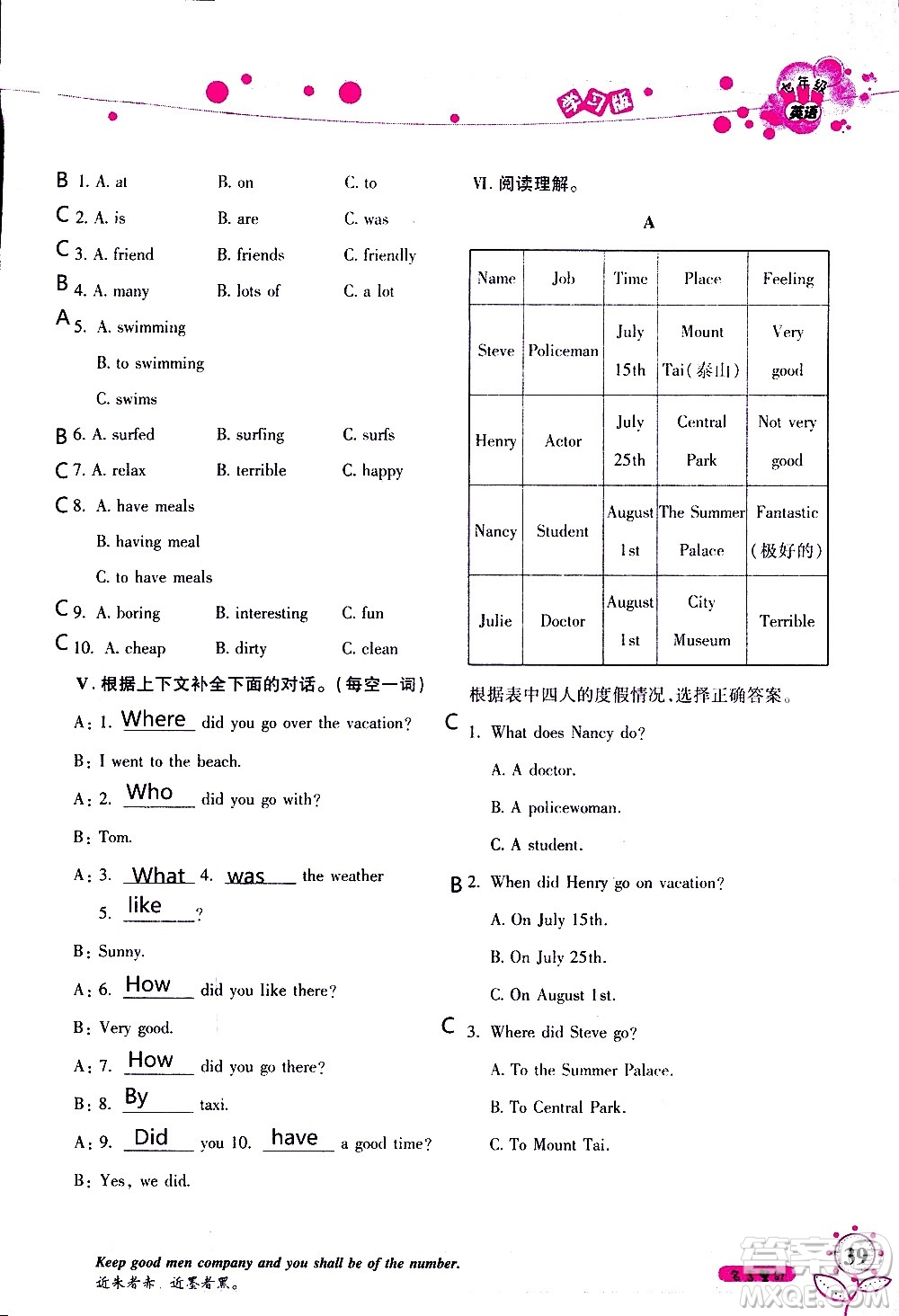 湖南師范大學(xué)出版社2020年暑假學(xué)習(xí)與生活假日知新七年級英語學(xué)習(xí)版參考答案