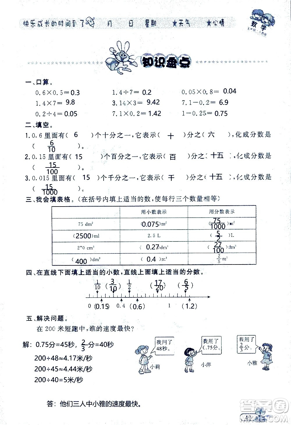 黑龍江少年兒童出版社2020年陽光假日暑假五年級數(shù)學(xué)人教版參考答案