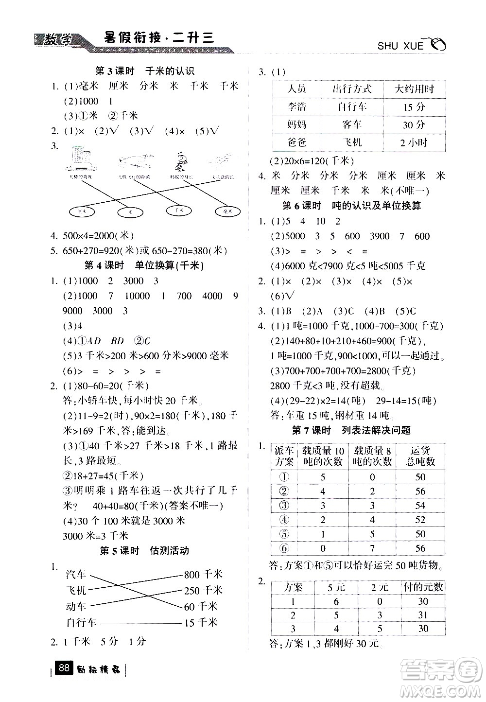 延邊人民出版社2020年勵(lì)耘書業(yè)暑假銜接2升3數(shù)學(xué)人教版參考答案